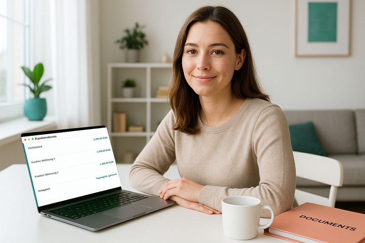 Private Vermieterin am Laptop mit der Übersicht ihres Kautionskontos.
