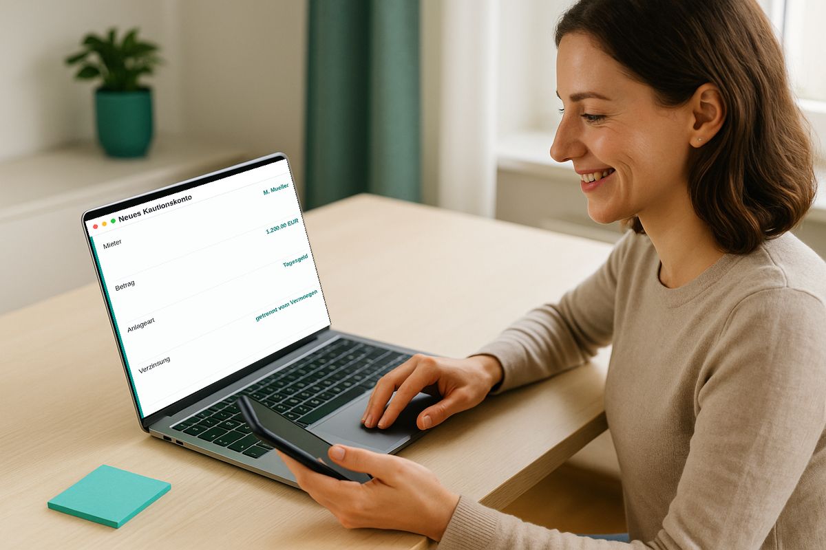 Vermieterin legt am Laptop ein neues, separates Kautionskonto an.